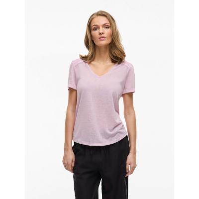 VILA - VIAMER V-NECK S/S LACE DETAIL TOP - ROSE